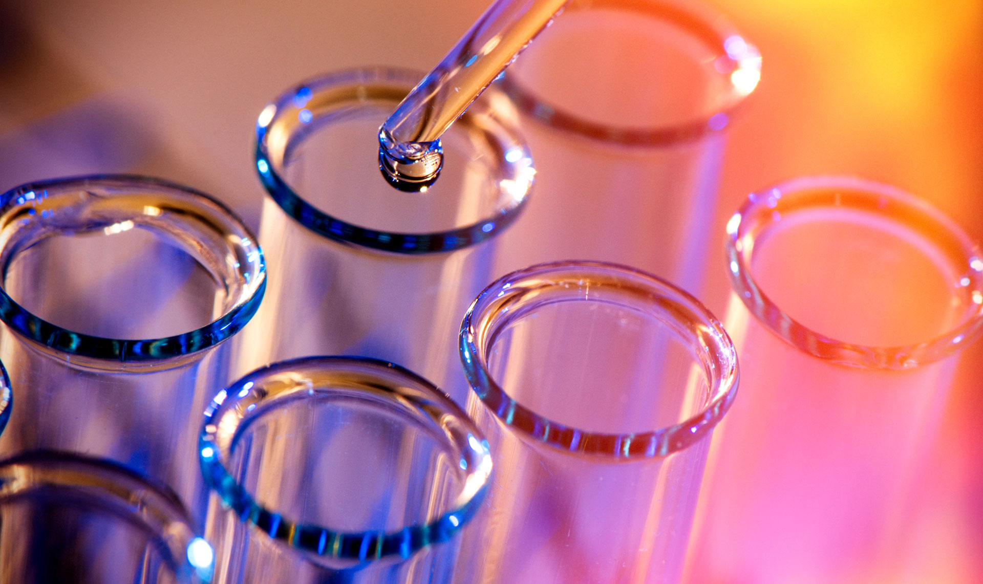 test tubes in an orange and pink light