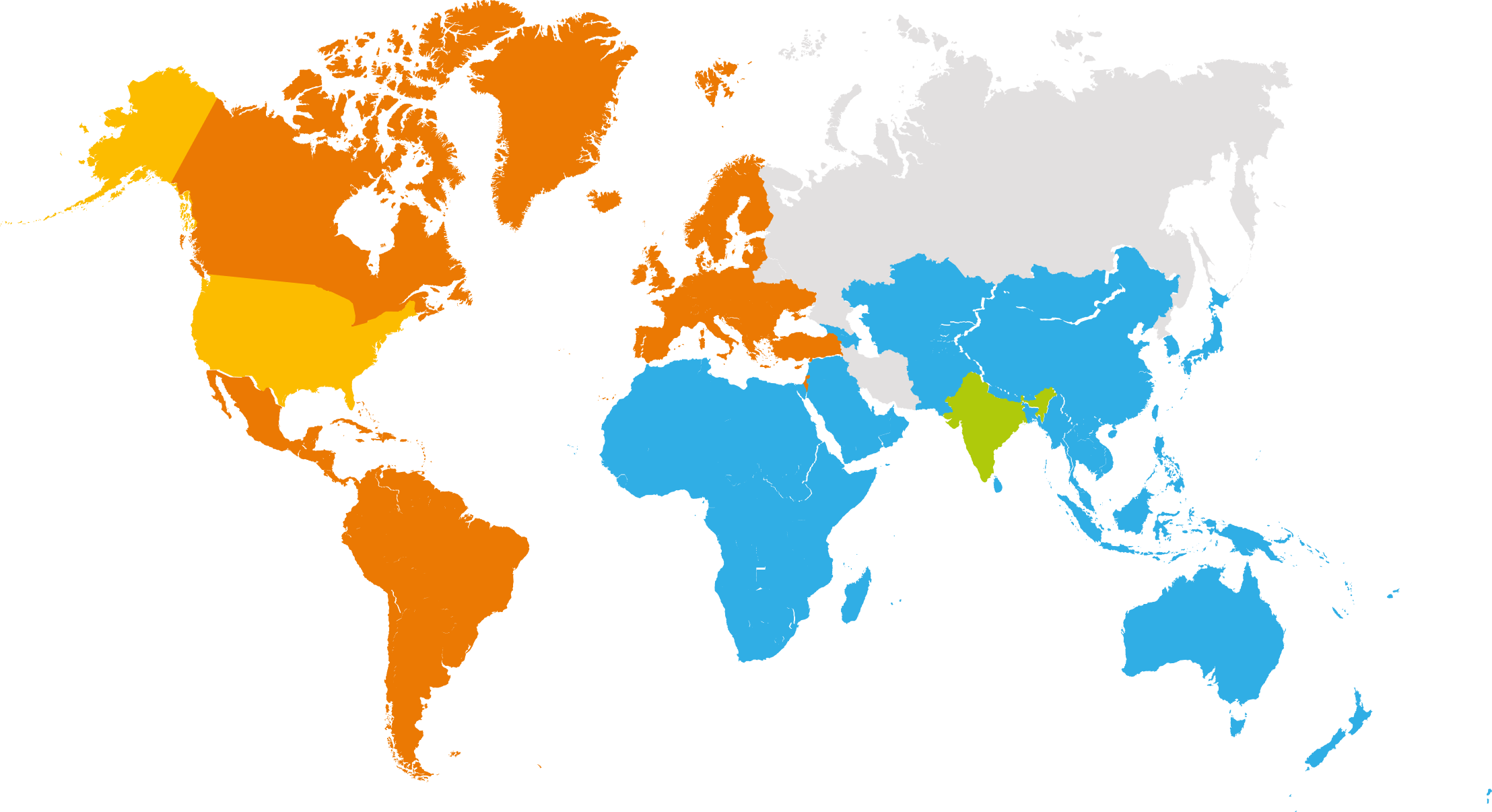 A map of the world split out into regions and coloured using the BAT brand colour palette.
