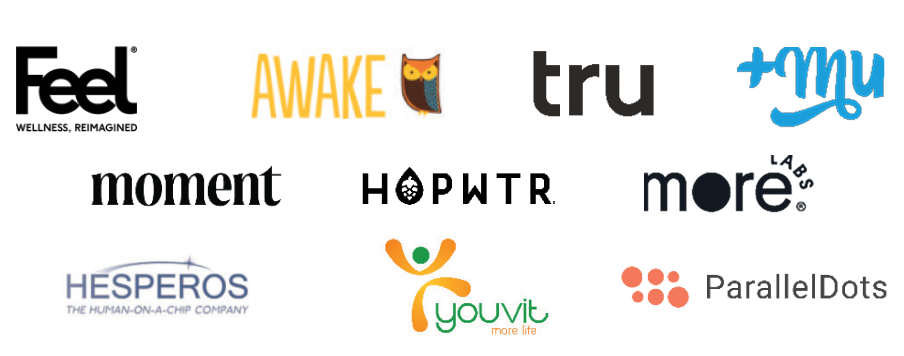 Logos of wellness and technology companies including Feel Wellness, Awake with an owl icon, Tru, plusMy, Moment, More Labs, Hesperos Human-on-a-Chip, Youvit, and ParallelDots.