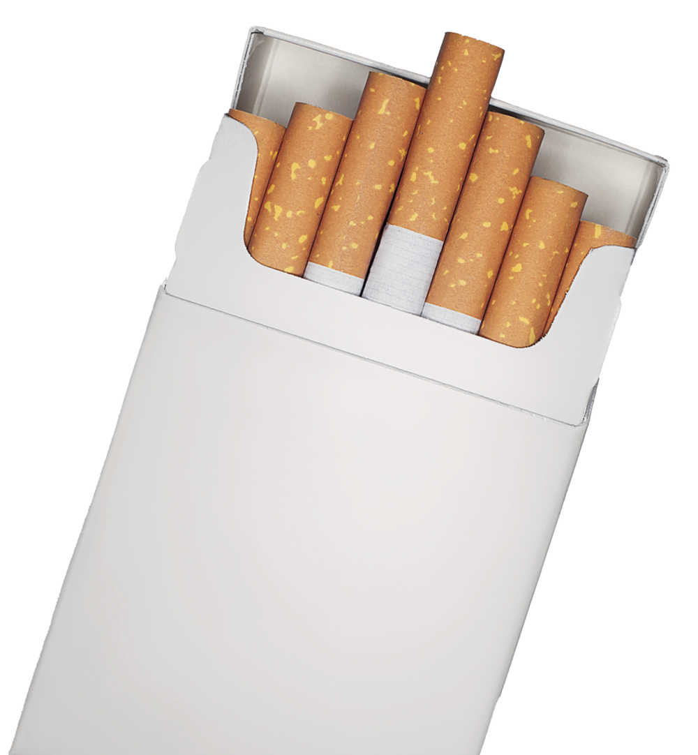 Open pack of cigarettes showing five cigarettes inside with brown filters.