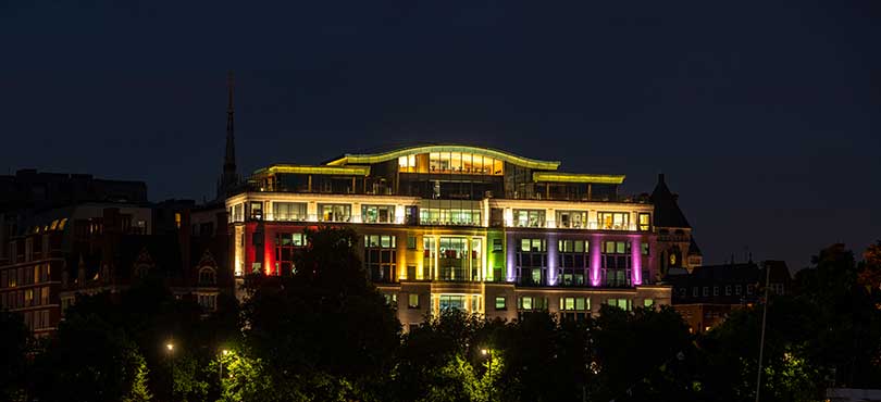 Globe House lit up for pride